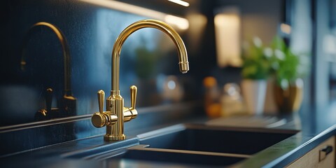 Elegant gold kitchen faucet showcases modern design in a stylish kitchen setting