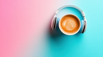 A cup of coffee with headphones on it, set against a pastel background, in a digital art style.