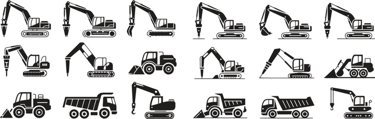 Silhouette demolition machine icons set. Bulldozer, wrecking ball, excavator, construction vector illustration