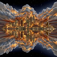 Glowing skyscrapers floating in fantasy space high resolution picture