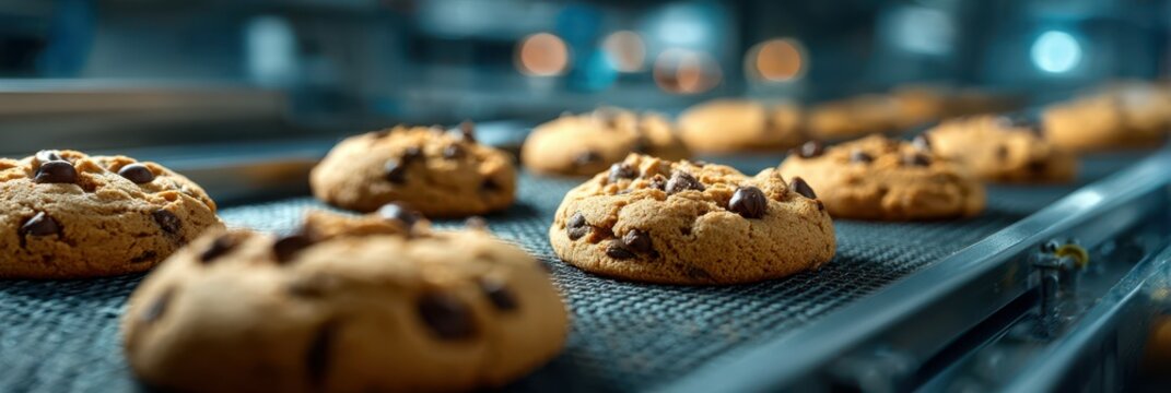 Cookies cooling on a conveyor belt in a modern bakery during the afternoon shift with warm lighting and a fresh aroma