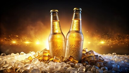 Two frosty beer bottles in crushed ice with golden backlight glow, icy refreshment, icy perfection perfect for summer beverage campaigns and bar promotions