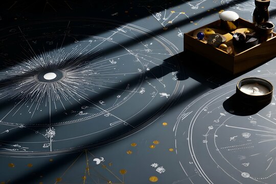 Modern astrology display featuring zodiac symbols and celestial charts.