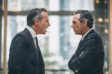 Bosses clash passionately amid a tense, charged office confrontation.