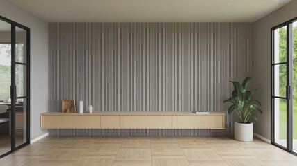 Modern living room with slatted wall paneling floating media console and large windows