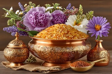 Golden bowl of rice with star anise high resolution picture
