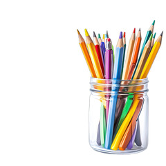 Colorful pencils, various shades, neatly arranged in a clear glass jar against a black background