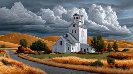 Golden fall trees surrounding countryside house high resolution picture