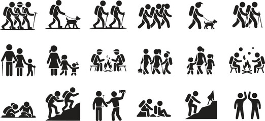 Silhouette hiking and outdoor icons set. Adventure, backpack, mountain, nature vector illustration isolate on white background