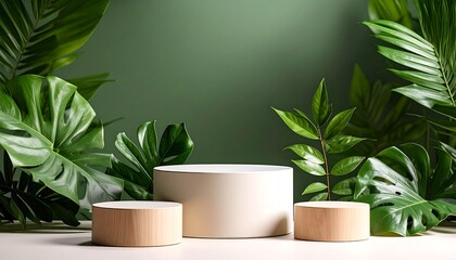 White & wood podiums surrounded by lush green tropical leaves