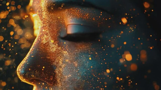 Serene Inner Light: A close-up profile of a tranquil face is surrounded by a radiant aura of sparkling particles, reflecting inner peace and spiritual awakening.