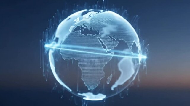 A glowing holographic globe spins with horizontal data lines around earth shape. Technology concept seamless looping 4k time-lapse animation video background