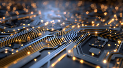 Neural grid fused with metallic circuit board tracks in gold and silver, glowing nodes on a dark blue background, representing AI hardware, digital infrastructure, and enterprise technology.