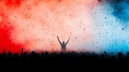 Celebration with confetti and silhouetted crowd under red and blue smoke
