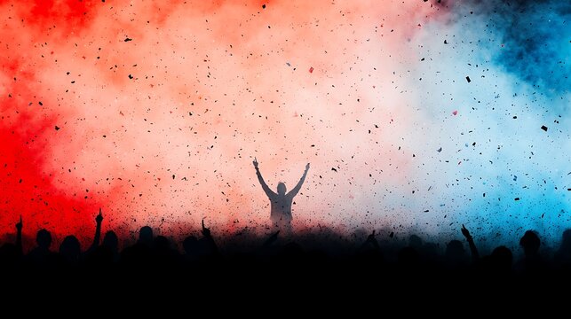 Celebration with confetti and silhouetted crowd under red and blue smoke