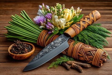 Handcrafted knife with bamboo handle and flowers high resolution photos