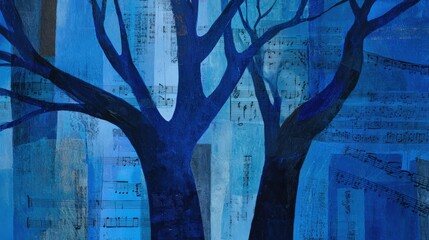 Serene Portrayal of Tree Branches Intertwined With Musical Notes Against a Captivating Blue Background