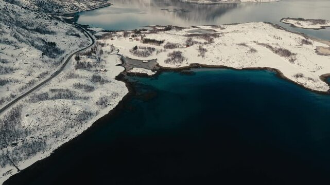 Winter Landscape Over Lodingen In Hinnoya Island, Nordland County In Norway. Aerial Drone Shot
