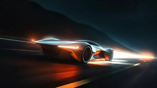 Futuristic sports car speeding on a dark highway with dynamic light trails and mountains in the background