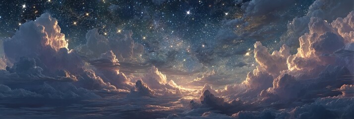 Night sky filled with stars and glowing clouds over a serene landscape at twilight