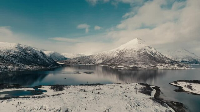 Lake Mountains Near Lodingen In Hinnoya Island, Nordland County In Norway. Aerial Drone Shot