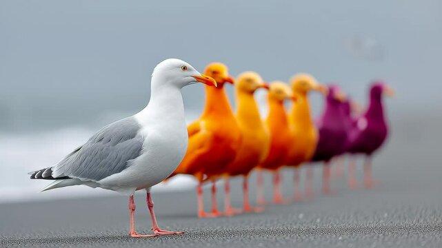 Flock of seagulls are standing in a row on a beach. The birds are of different colors, including white, orange, and purple. Concept of unity and diversity among the birds