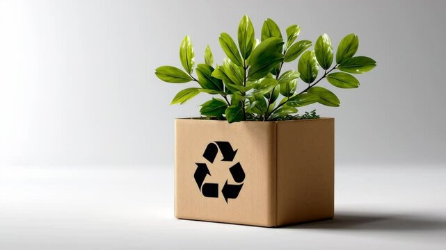 Plant is in a box with a recycling symbol on it. The plant is green and healthy