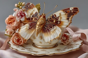 Intricate butterfly sculpture on white ceramic dish high resolution photos