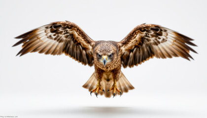 a close up of a common buzzard in landing motion, mottled feathers spread wide