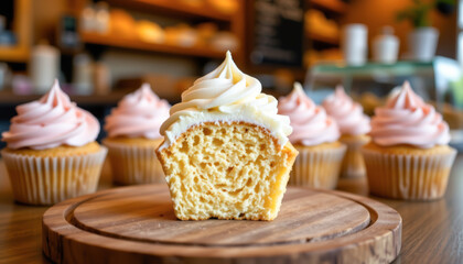 a close up of vanilla cupcake with inner half, full body, realistic images