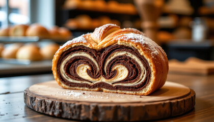 a close up of pain au chocolat with inner half, full body, realistic images