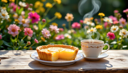 realistic images of lemon tart with inner half, full body, side composition
