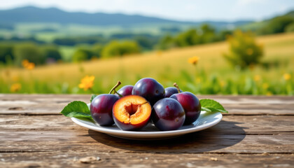 realistic images of governor's plum on a plate on an old oak floor, full body
