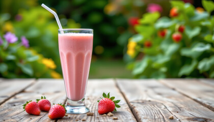 realistic images of strawberry milkshake in a clear glass on an old oak floor
