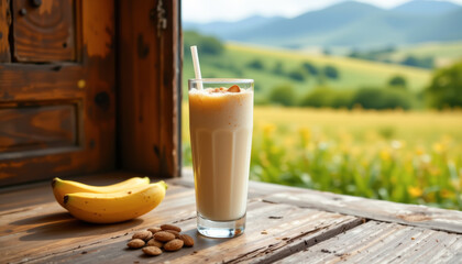 realistic images of banana almond shake in a tall glass on an old oak floor