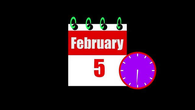 2026, sal, February month 5 date calendar icon animation. Analog calendar design icon concept animation 4k video.black, background,