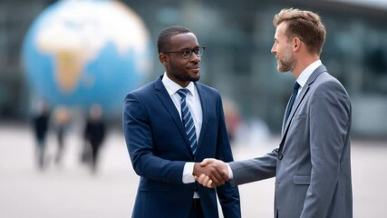 Business handshake agreement and partnership success between professional businessmen suits outdoors, with globe sculpture symbolizing global cooperation, confident collaboration, and formal urban - Powered by Adobe