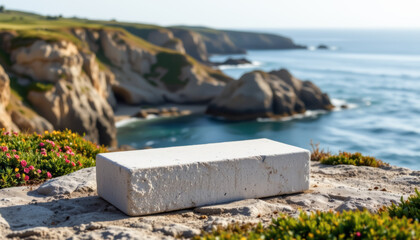 realistic image of a concrete display block, full body, side composition