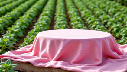 realistic image of a soft fabric covered podium, full body, side composition