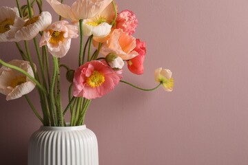 Beautiful poppy flowers in vase on pink background, closeup. Space for text