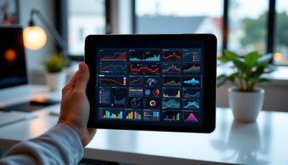 hand holding tablet with smart grid interface ui, studio lit clean tech setup