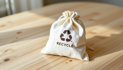 linen drawstring pouch with recycle logo, placed neatly on light wood table