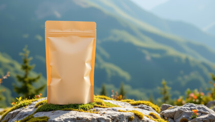 eco friendly kraft paper pouch standing on mossy rock surface in mountain landsc