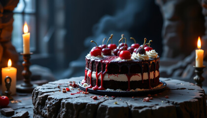 realistic image of a cursed black forest cake with bleeding cherry filling