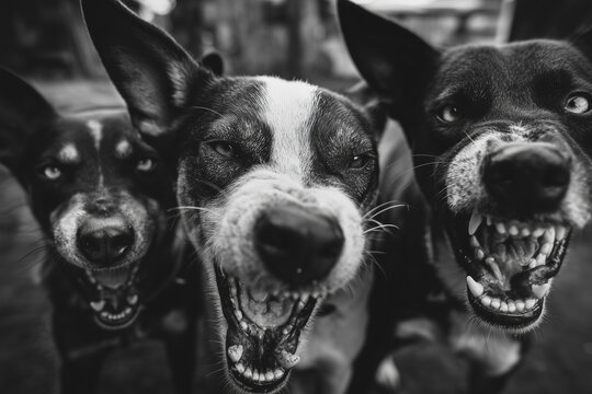 aggressive dogs snarling close up black and white capture intense mood emotion
