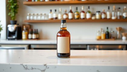 realistic image of a cold brew coffee bottle placed on a white concrete bar coun