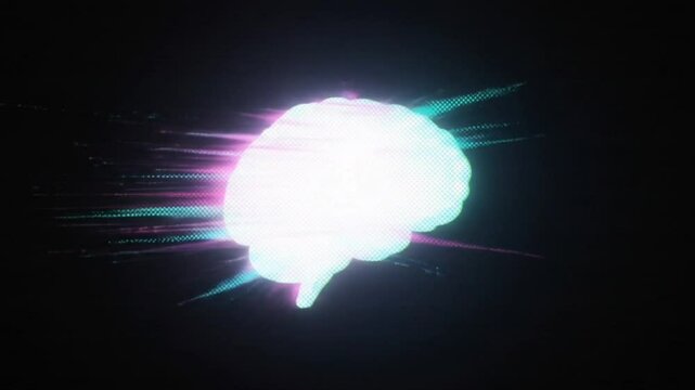 A glowing brain silhouette was animated with glitch light effect on dark digital background. Technology concept seamless looping 4k time-lapse animation video background - Powered by Adobe