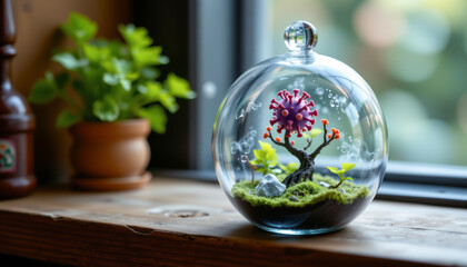 realistic image of tiny glass terrarium on a wooden shelf