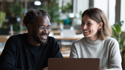 Smiling coworkers working together on laptop in casual office

