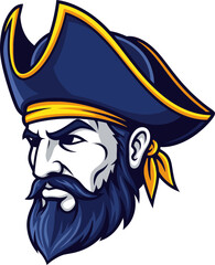 A stern-faced pirate captain, depicted in a stylized cartoon illustration, wearing a tricorn hat and bandana.
